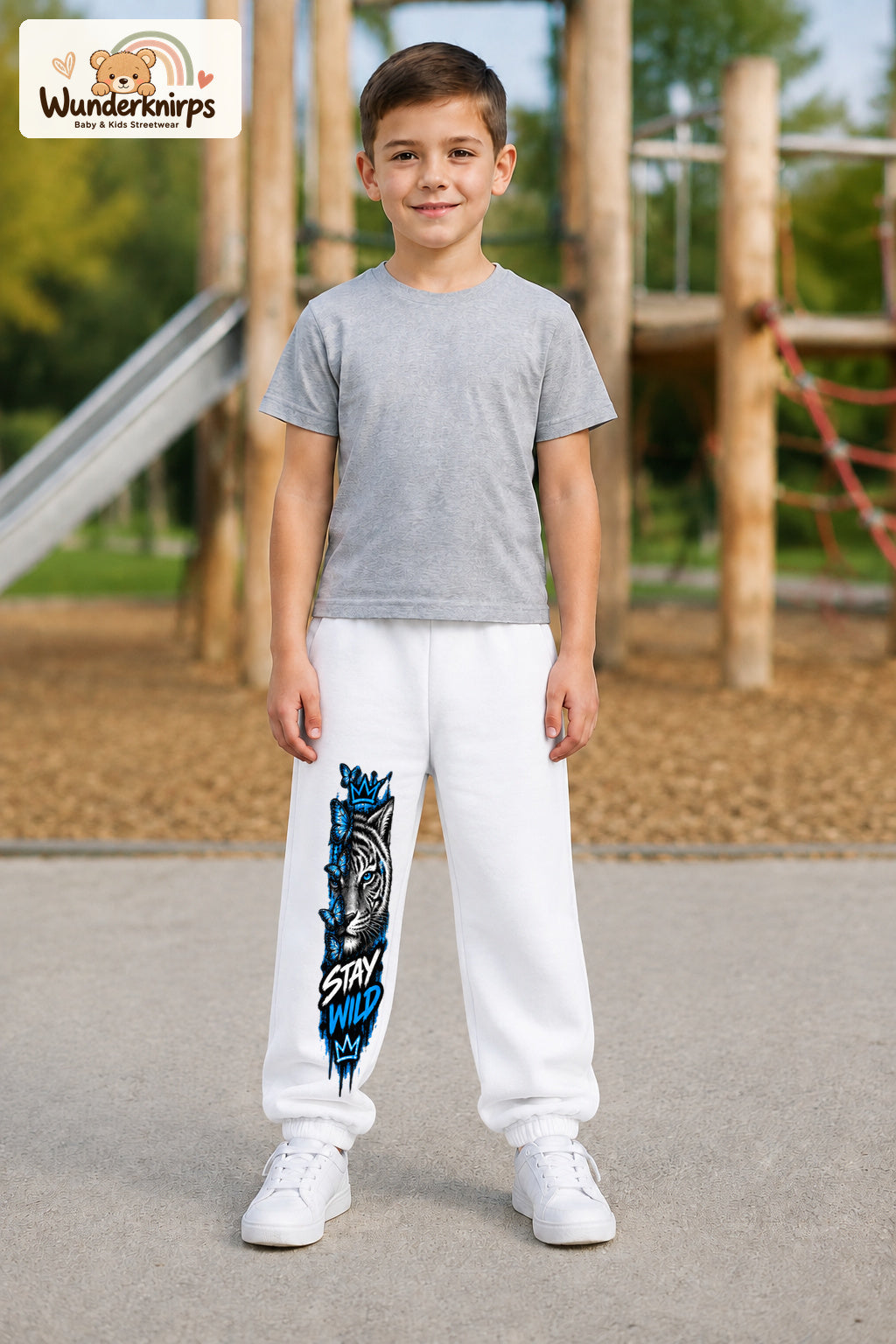 Junge trägt weiße Jogginghose mit Stay Wild Schmetterlingstiger-Print, von vorn auf dem Spielplatz.
