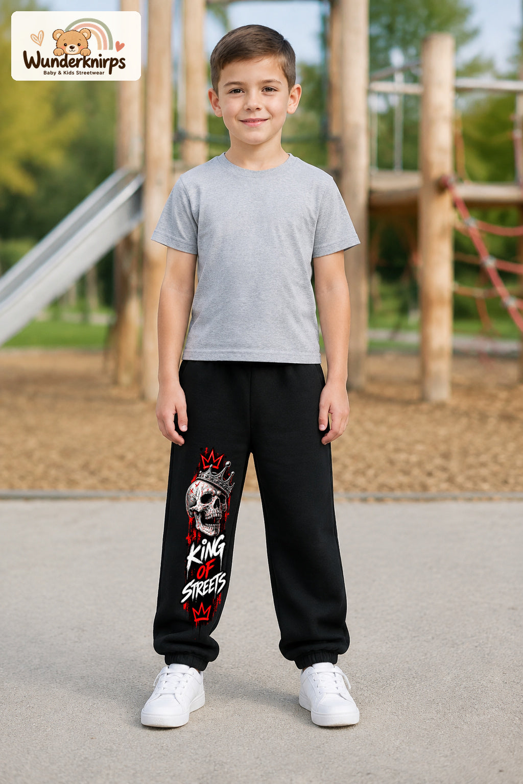 Junge trägt schwarze Jogginghose mit King of Streets Skull-Print, von vorn auf dem Spielplatz.
