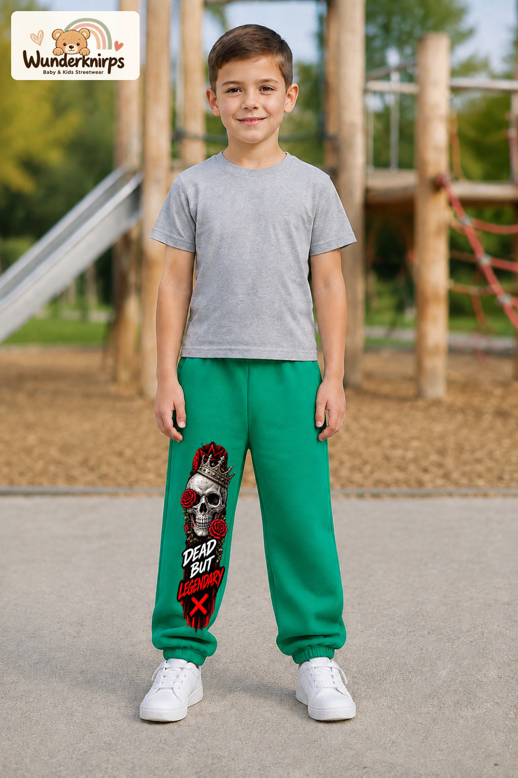 Junge trägt grüne Jogginghose mit Dead but Legendary-Print, von vorn auf dem Spielplatz.