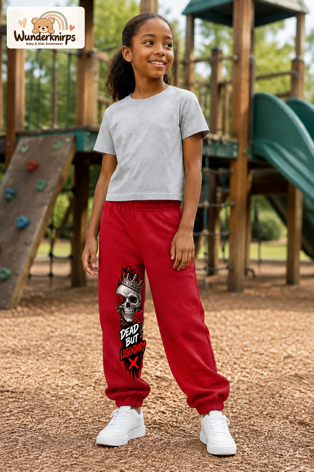 Mädchen trägt rote Jogginghose mit Dead but Legendary-Print, leicht seitlich auf dem Spielplatz.