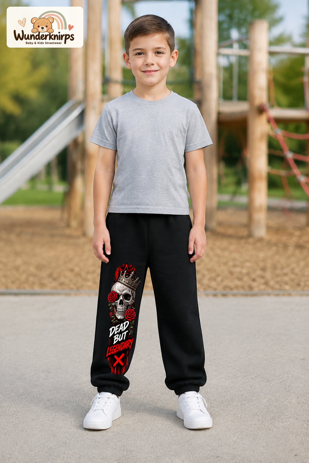 Junge trägt schwarze Jogginghose mit Dead but Legendary-Print, von vorn auf dem Spielplatz.