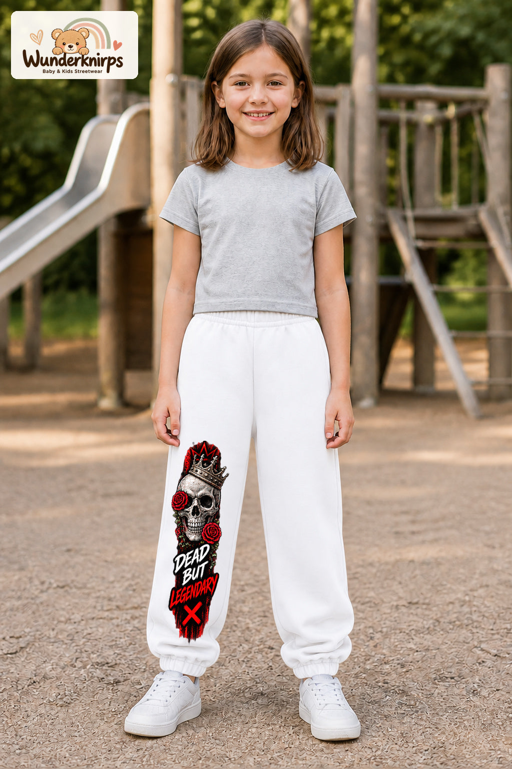 Mädchen trägt weiße Jogginghose mit Dead but Legendary-Print, von vorn auf dem Spielplatz.
