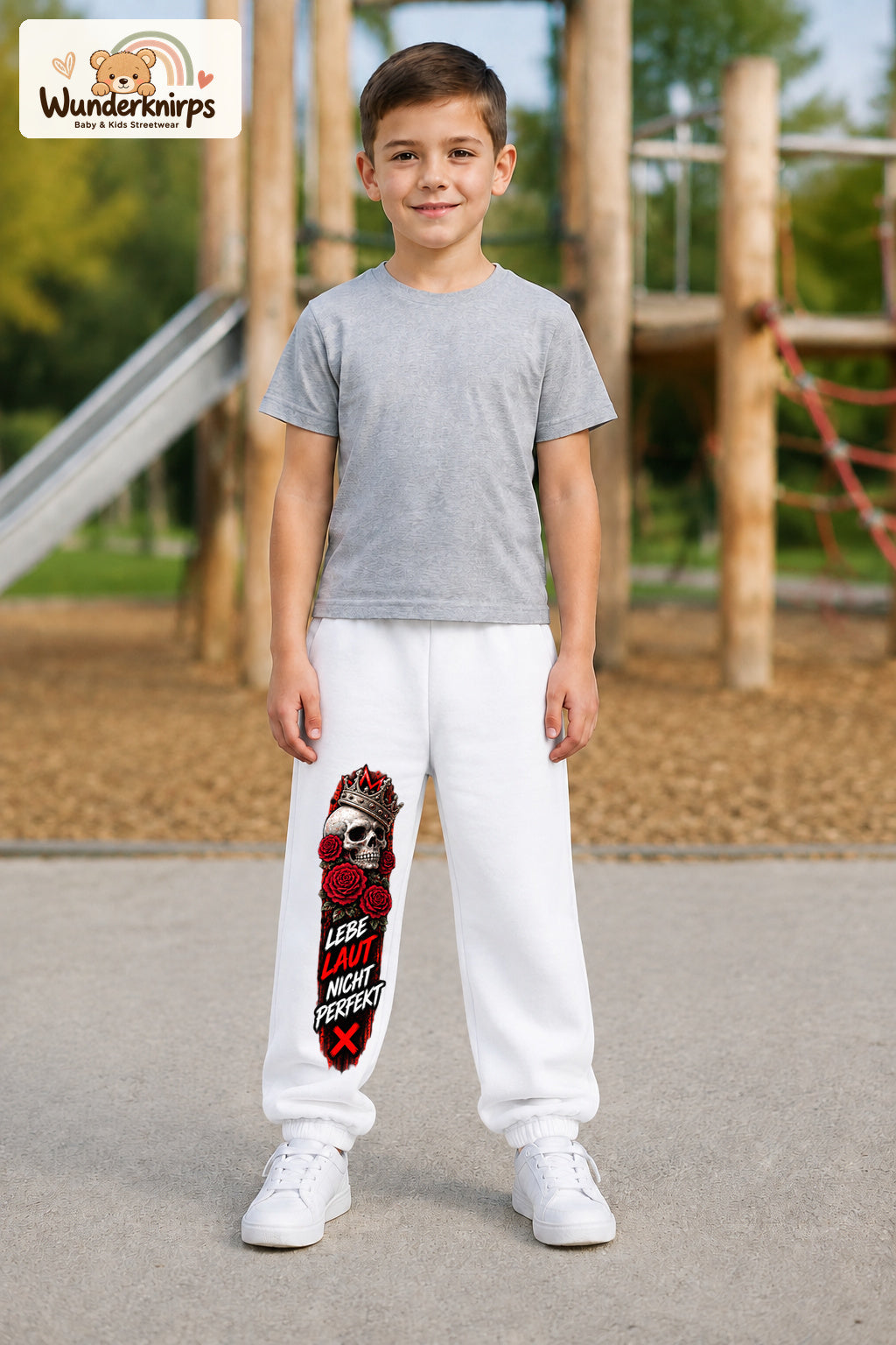 Junge trägt weiße Jogginghose mit Lebe laut Totenkopf-Print, von vorn auf dem Spielplatz.
