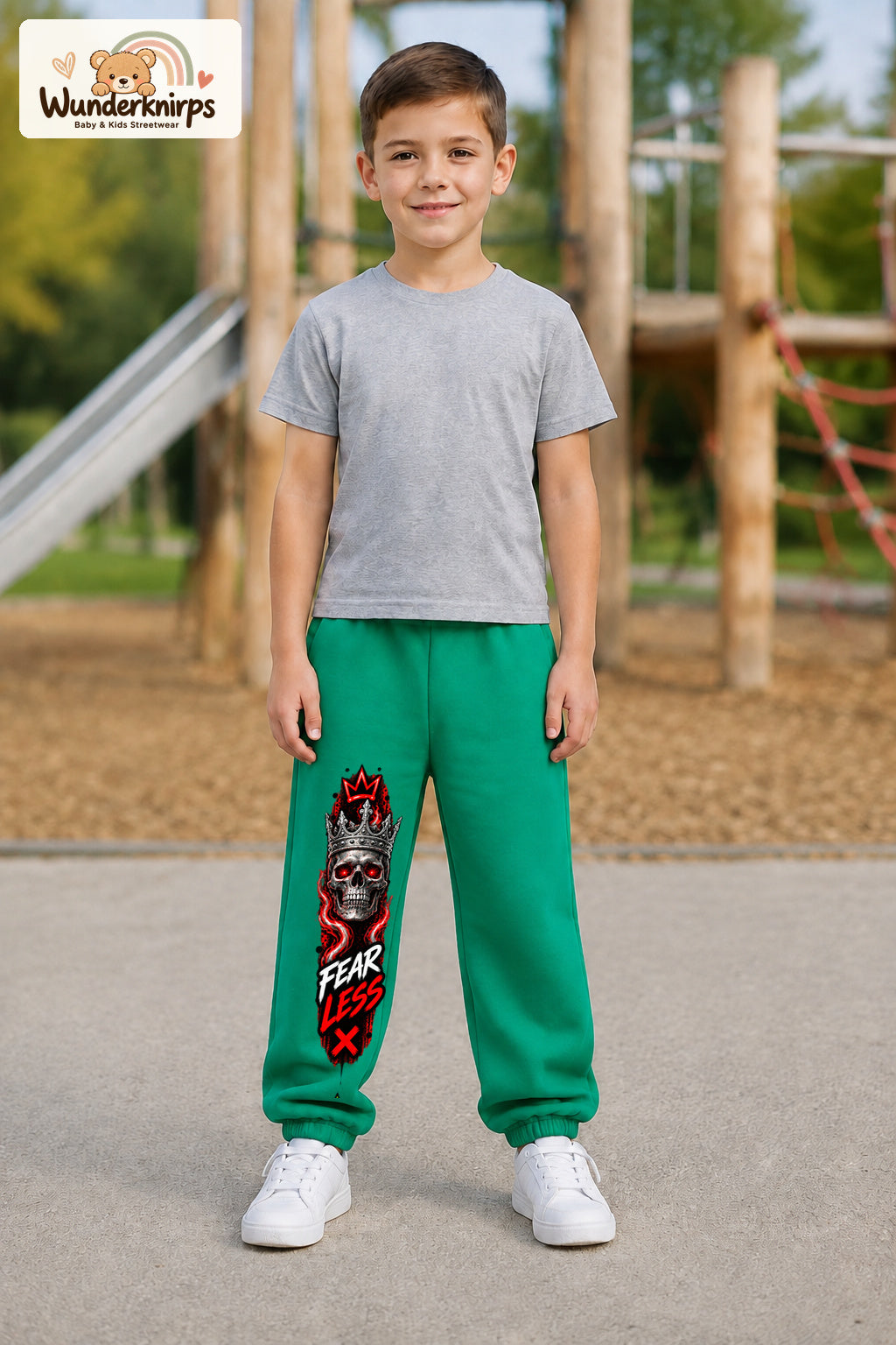 Junge trägt grüne Jogginghose mit Fearless Totenkopf-Print, von vorn auf dem Spielplatz.