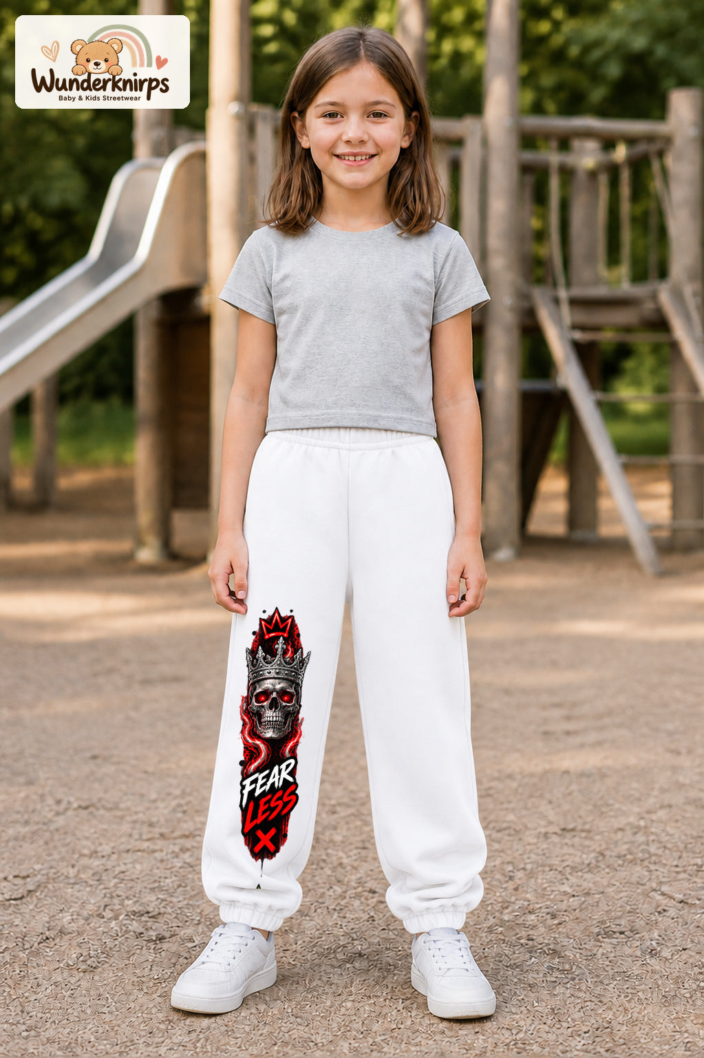 Mädchen trägt weiße Jogginghose mit Fearless Totenkopf-Print, von vorn auf dem Spielplatz.