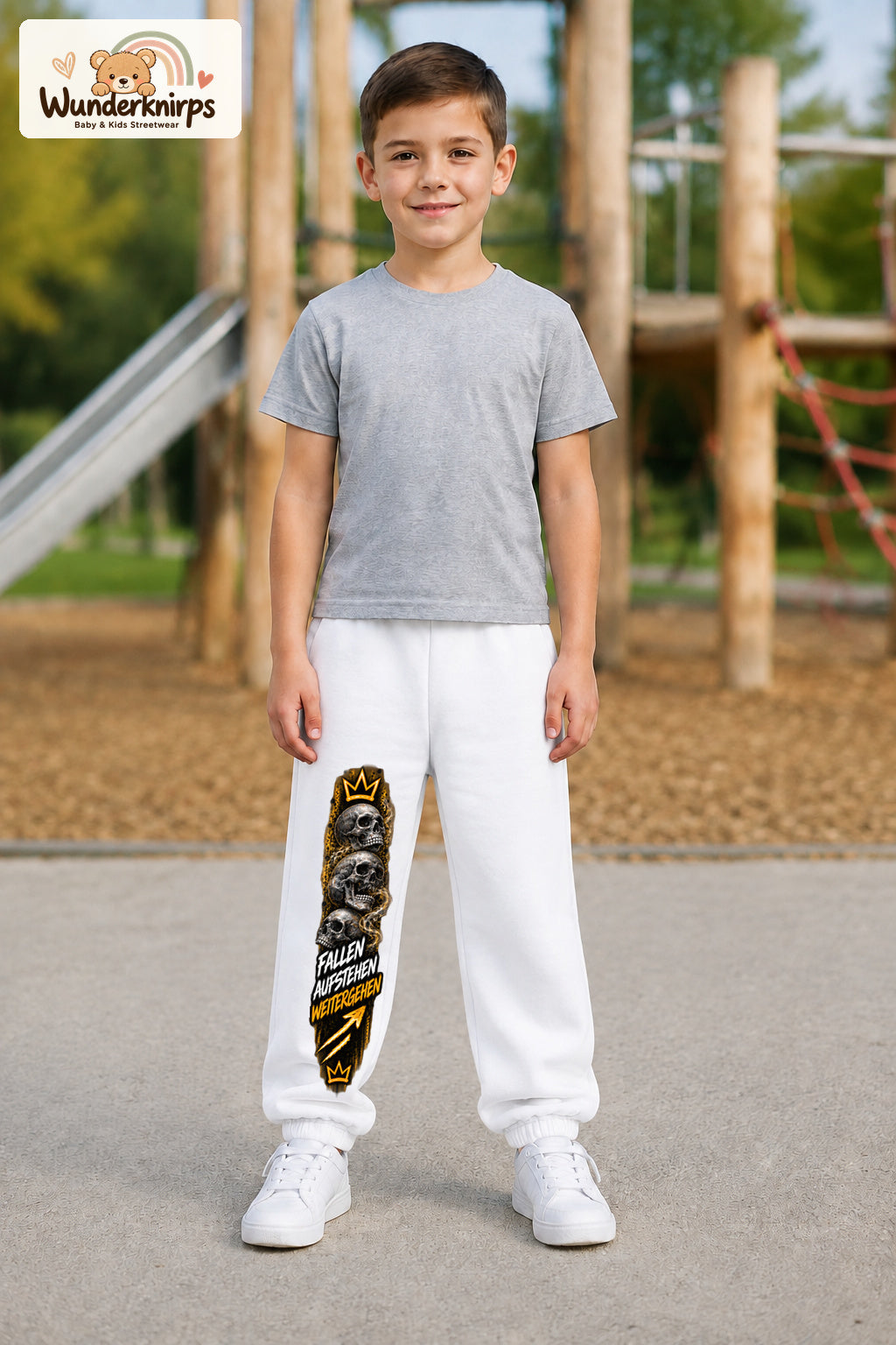Junge trägt weiße Jogginghose mit Weitergehen Schädel-Print, von vorn auf dem Spielplatz.
