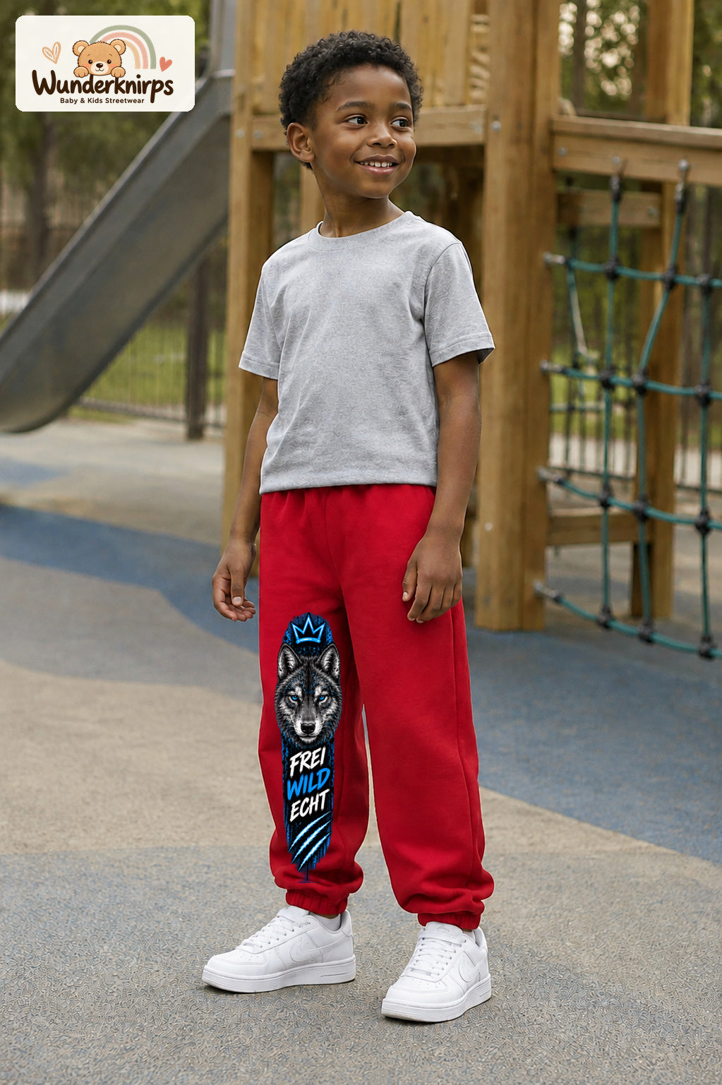 Junge trägt rote Jogginghose mit Frei wild echt Wolf-Print, leicht seitlich auf dem Spielplatz.