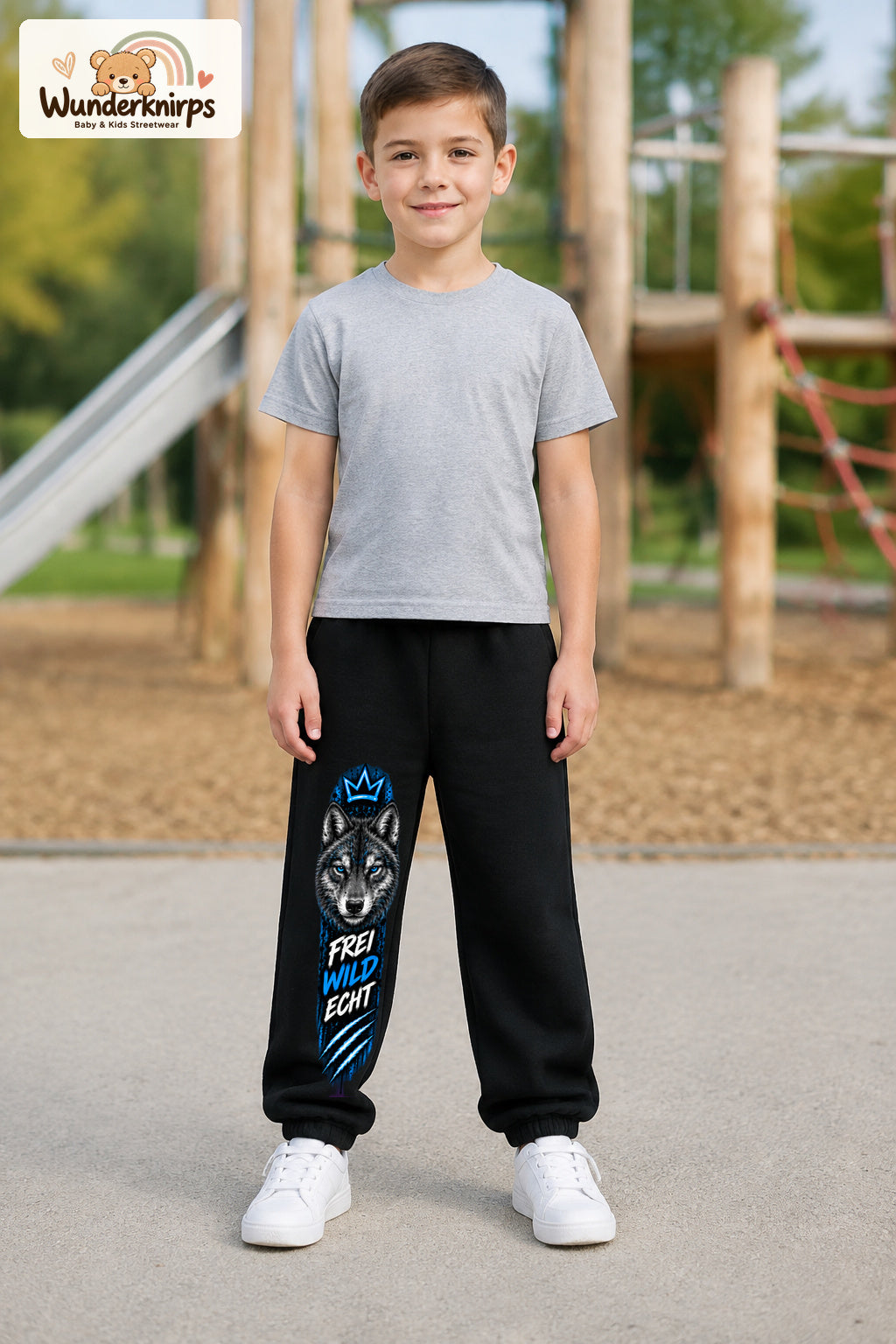 Junge trägt schwarze Jogginghose mit Frei wild echt Wolf-Print, von vorn auf dem Spielplatz.