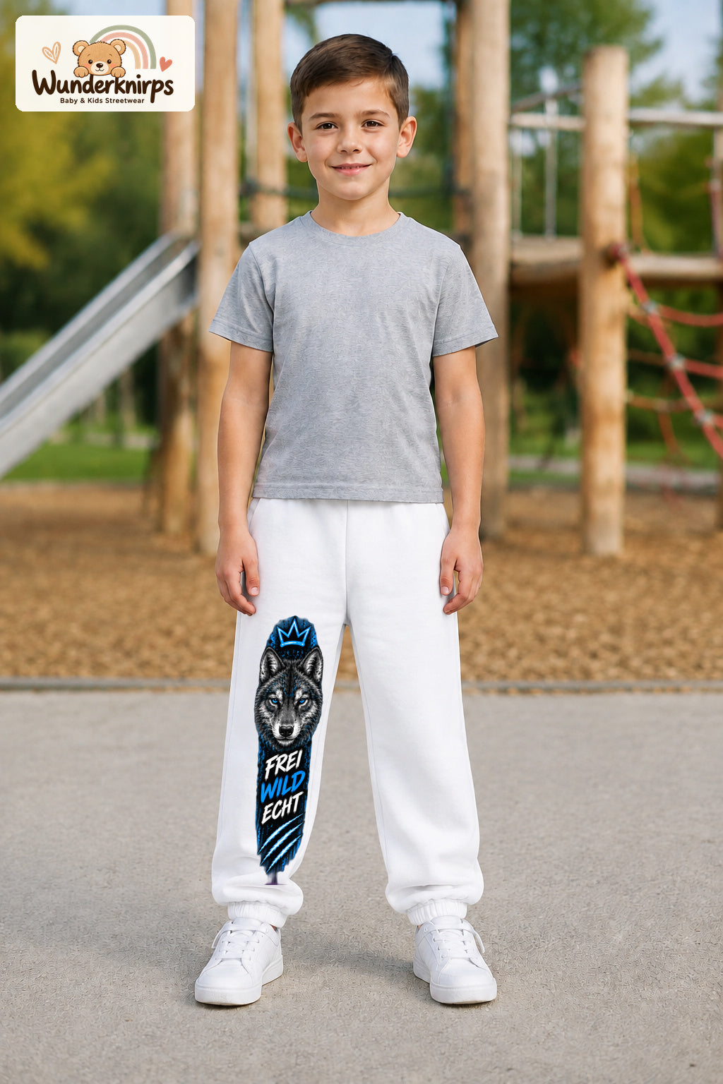 Junge trägt weiße Jogginghose mit Frei wild echt Wolf-Print, von vorn auf dem Spielplatz.