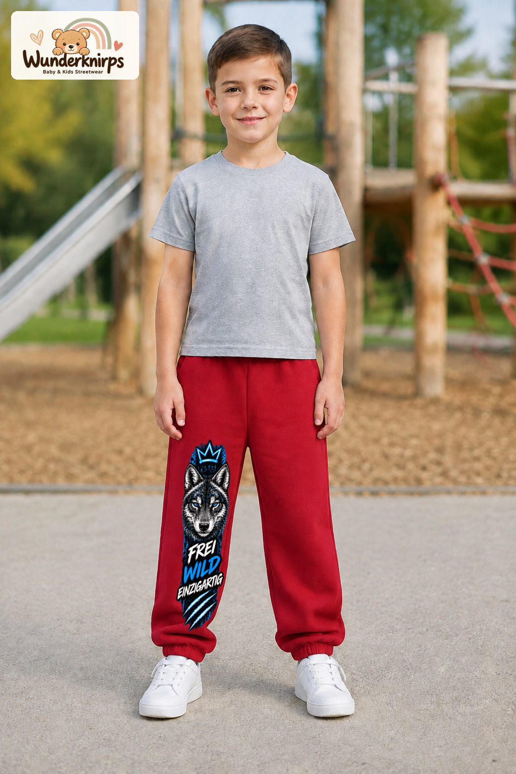 Junge trägt rote Jogginghose mit Frei wild einzigartig Wolf-Print, von vorn auf dem Spielplatz.