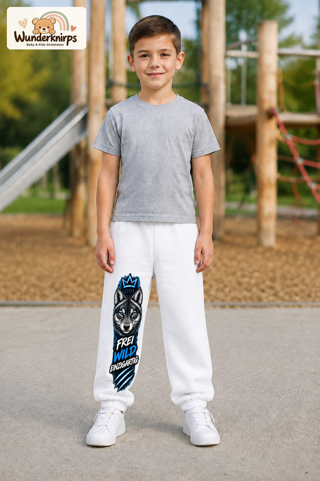 Junge trägt weiße Jogginghose mit Frei wild einzigartig Wolf-Print, von vorn auf dem Spielplatz.