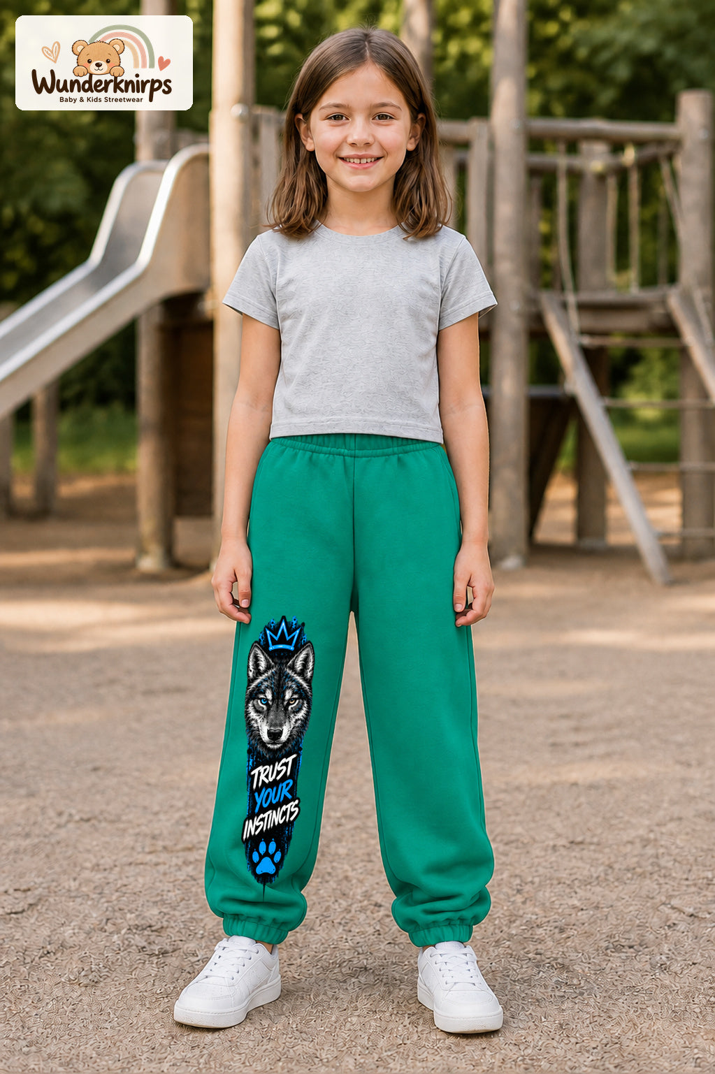 Mädchen trägt grüne Jogginghose mit Trust Your Instincts Wolf-Print, von vorn auf dem Spielplatz.