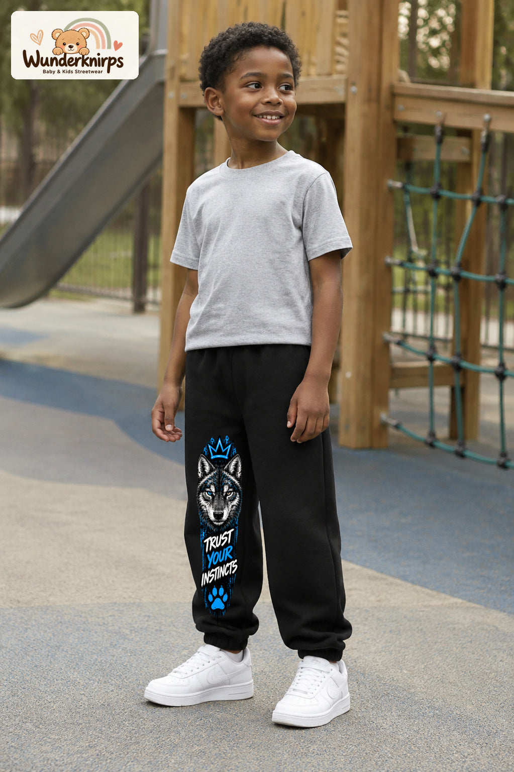 Junge trägt schwarze Jogginghose mit Trust Your Instincts Wolf-Print, leicht seitlich auf dem Spielplatz.