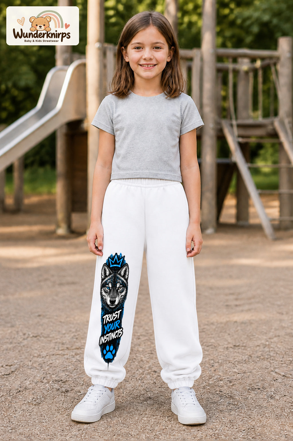 Mädchen trägt weiße Jogginghose mit Trust Your Instincts Wolf-Print, von vorn auf dem Spielplatz.