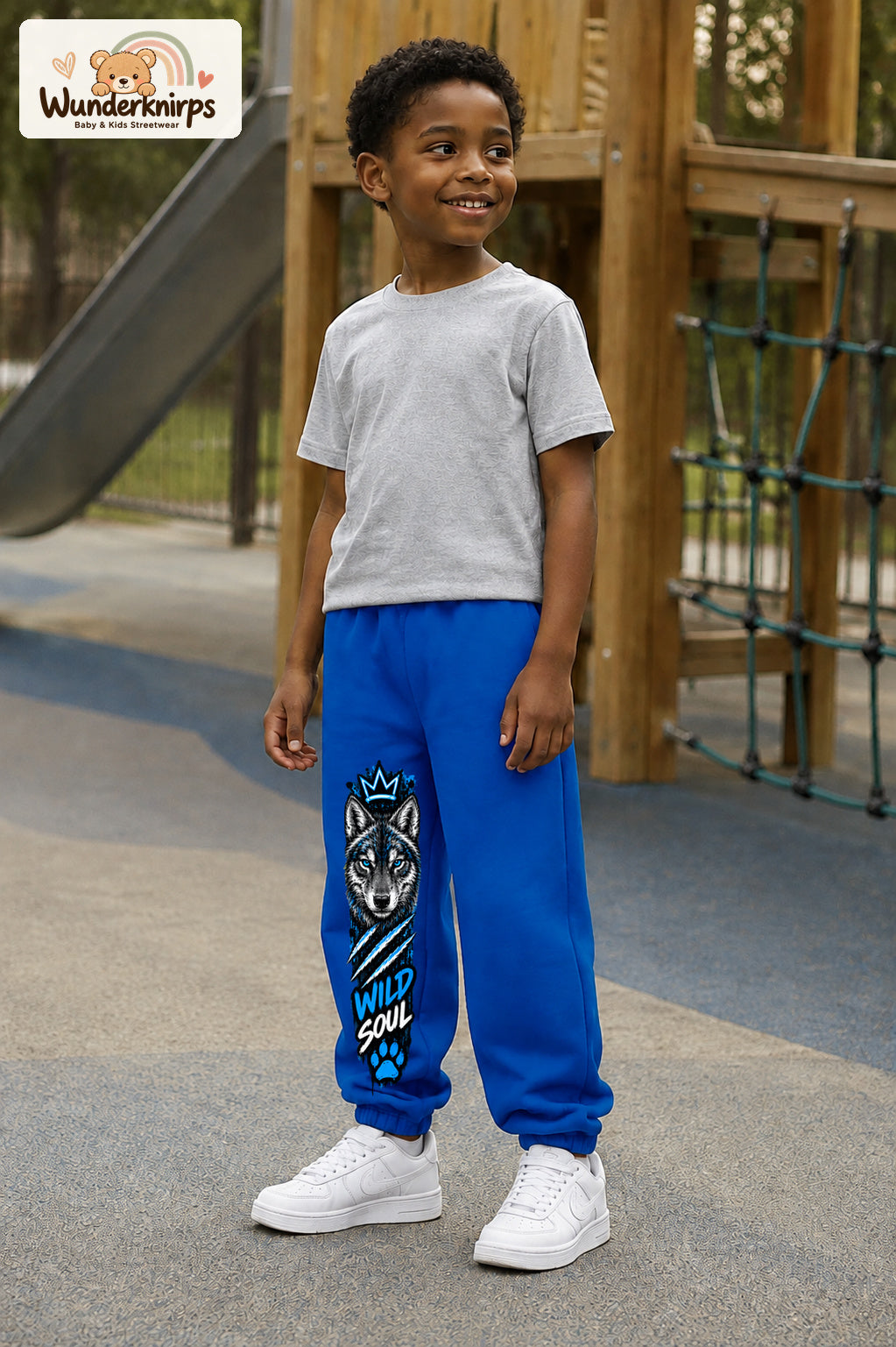 Junge trägt blaue Jogginghose mit Wild Soul Wolf-Print, leicht seitlich auf dem Spielplatz.