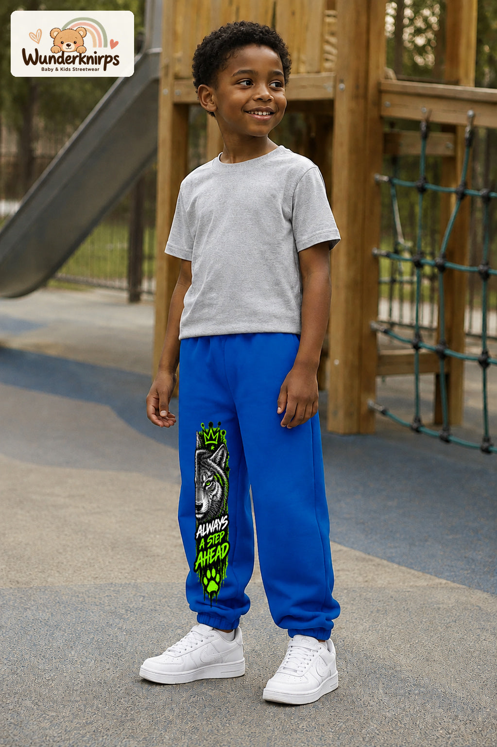 Junge trägt blaue Jogginghose mit Always Ahead Wolf-Print, leicht seitlich auf dem Spielplatz.