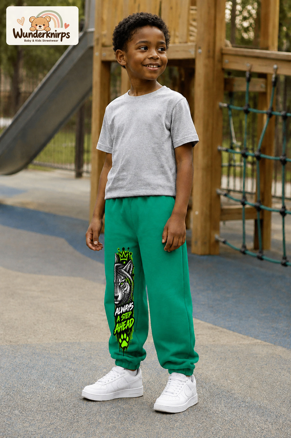 Junge trägt grüne Jogginghose mit Always Ahead Wolf-Print, leicht seitlich auf dem Spielplatz.