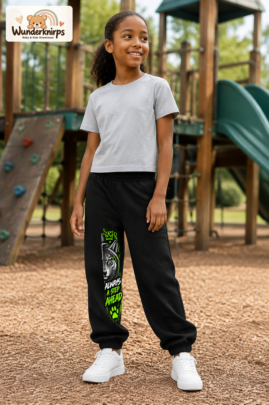 Mädchen trägt schwarze Jogginghose mit Always Ahead Wolf-Print, leicht seitlich auf dem Spielplatz.