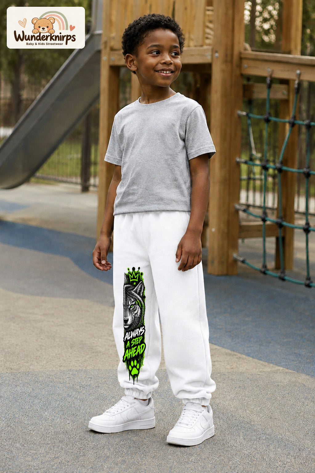 Junge trägt weiße Jogginghose mit Always Ahead Wolf-Print, leicht seitlich auf dem Spielplatz.
