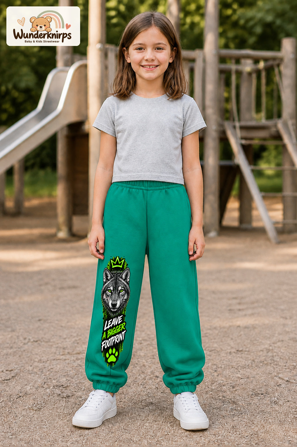 Mädchen trägt grüne Jogginghose mit Bigger Footprint Wolf-Print, von vorn auf dem Spielplatz.