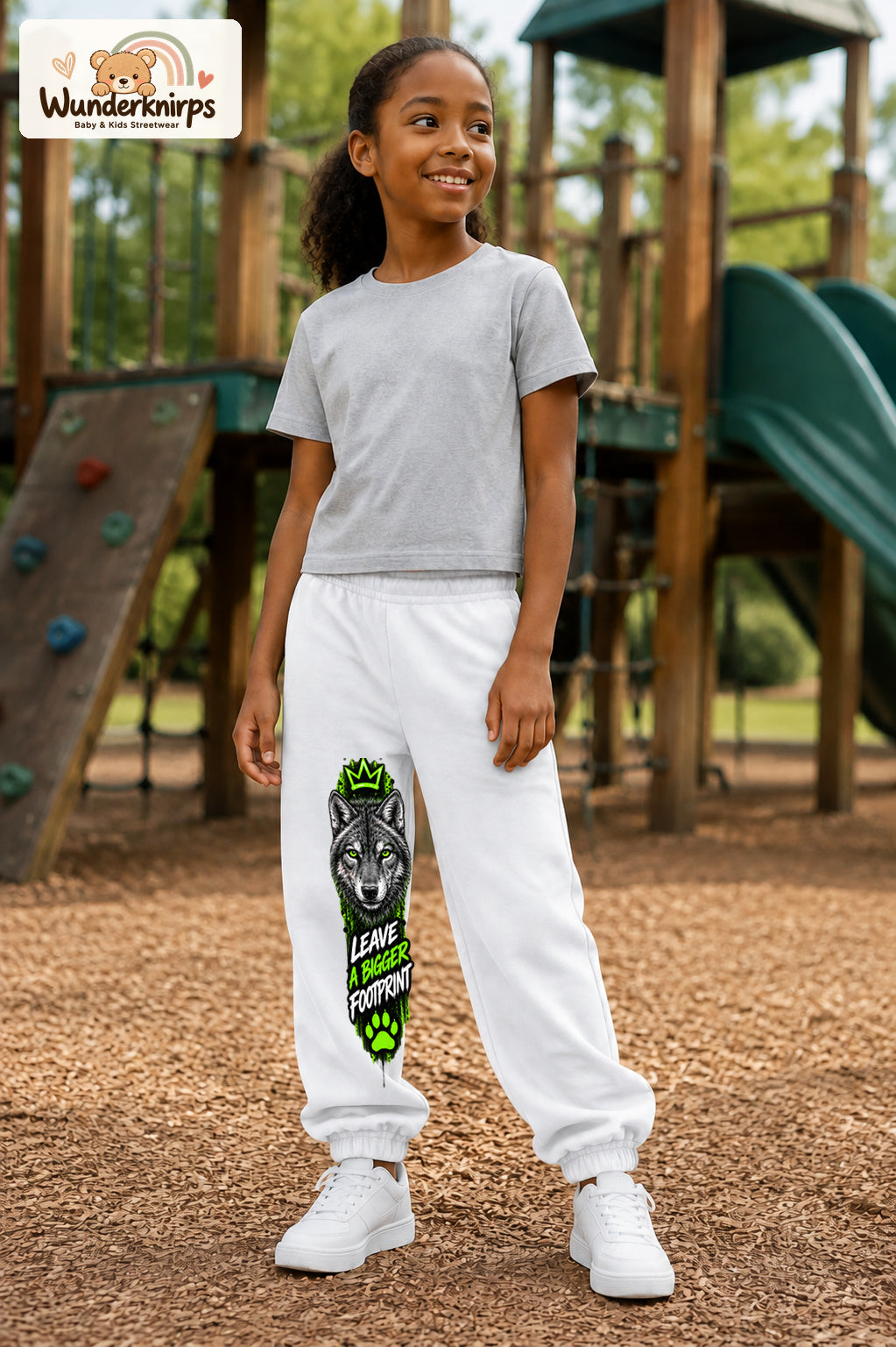 Mädchen trägt weiße Jogginghose mit Bigger Footprint Wolf-Print, leicht seitlich auf dem Spielplatz.