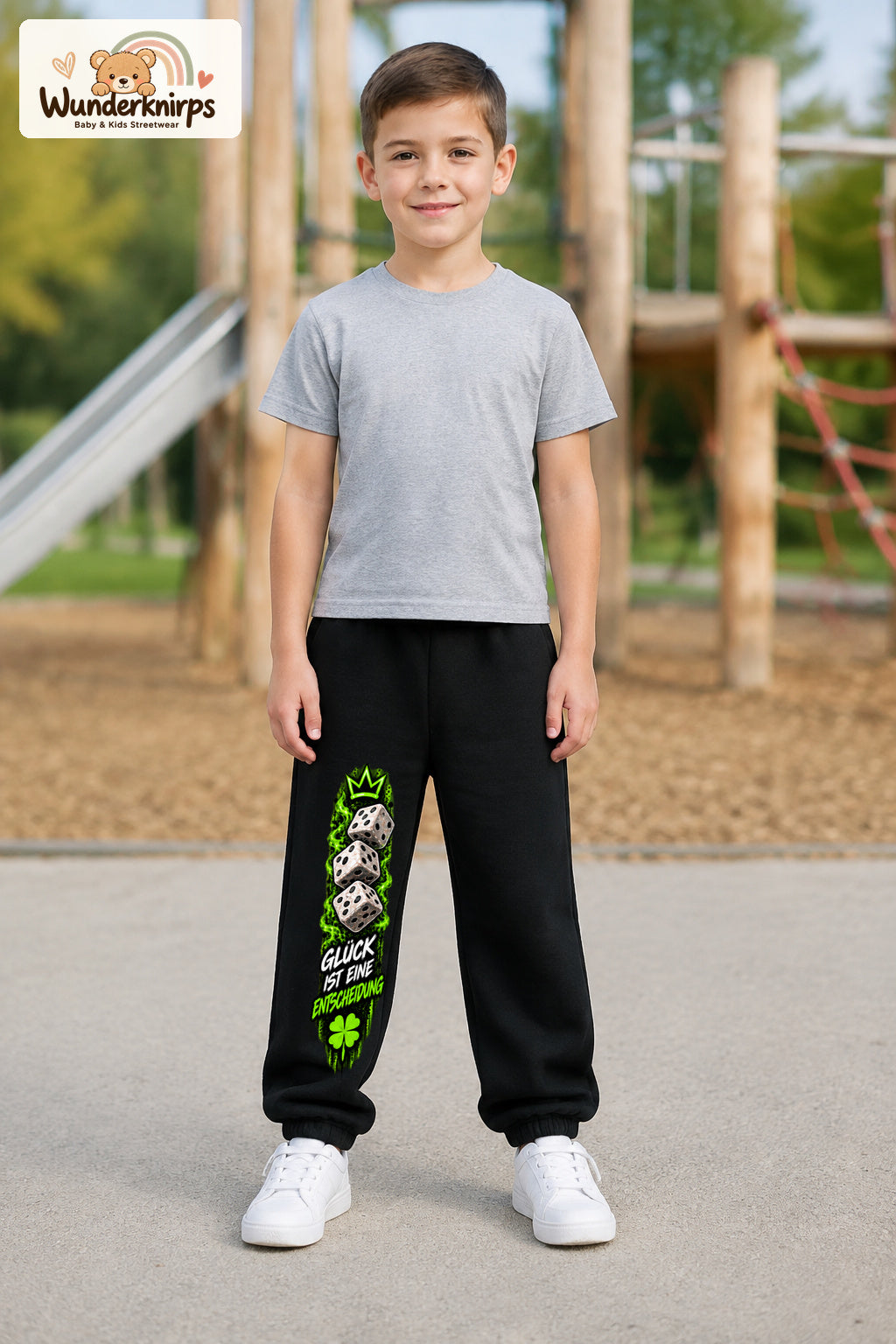 Junge trägt schwarze Jogginghose mit Glück ist Entscheidung-Print, von vorn auf dem Spielplatz.