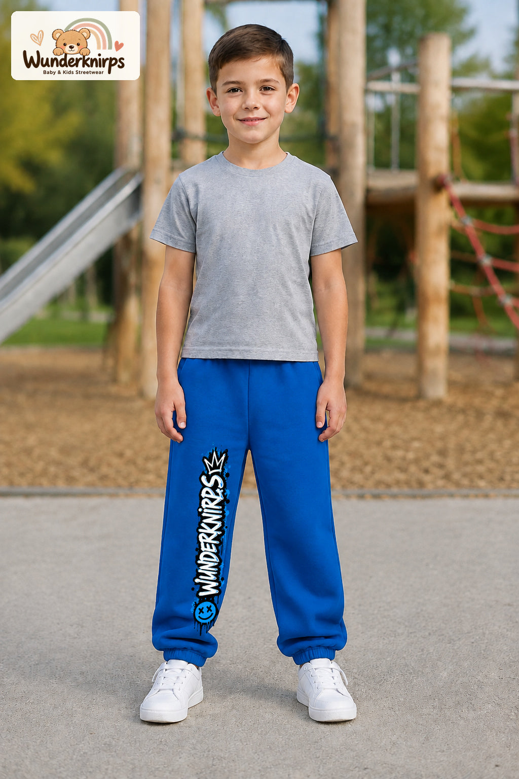 Junge trägt blaue Jogginghose mit Wunderknirps Graffiti-Print, von vorn auf dem Spielplatz.