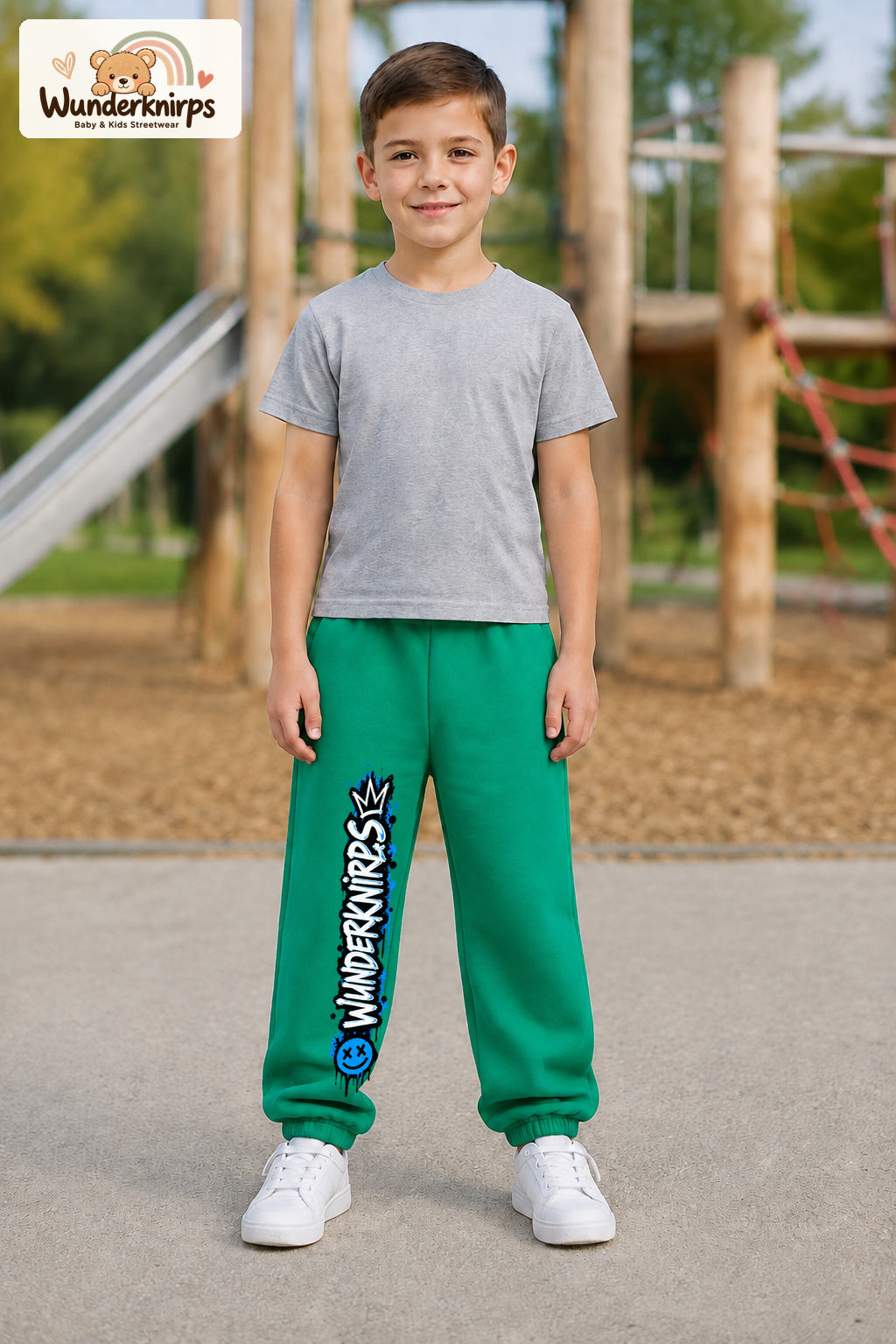 Junge trägt grüne Jogginghose mit Wunderknirps Graffiti-Print, von vorn auf dem Spielplatz.