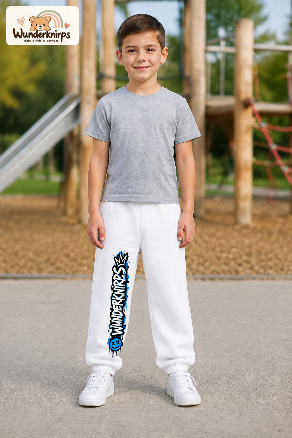 Junge trägt weiße Jogginghose mit Wunderknirps Graffiti-Print, von vorn auf dem Spielplatz.