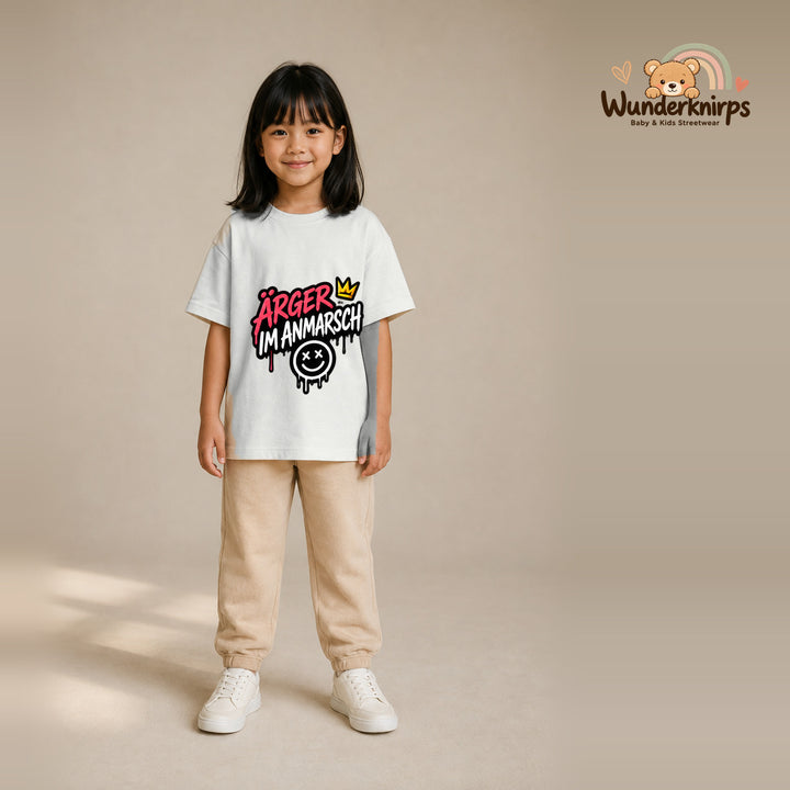 T-Shirt für Mädchen in Weiß mit Motiv „Ärger im Anmarsch“, getragen von einem Kind – Wunderknirps.
