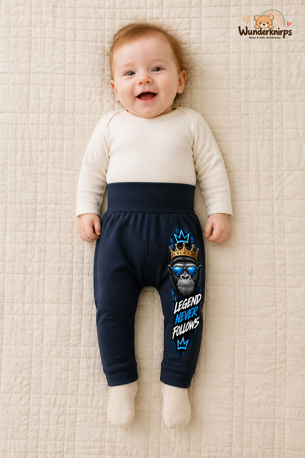 Affenmotiv Traumlook – Legend never follows – Babyhose für Mädchen: Navy mit Affenmotiv-Druck am Hosenbein – Wunderknirps.