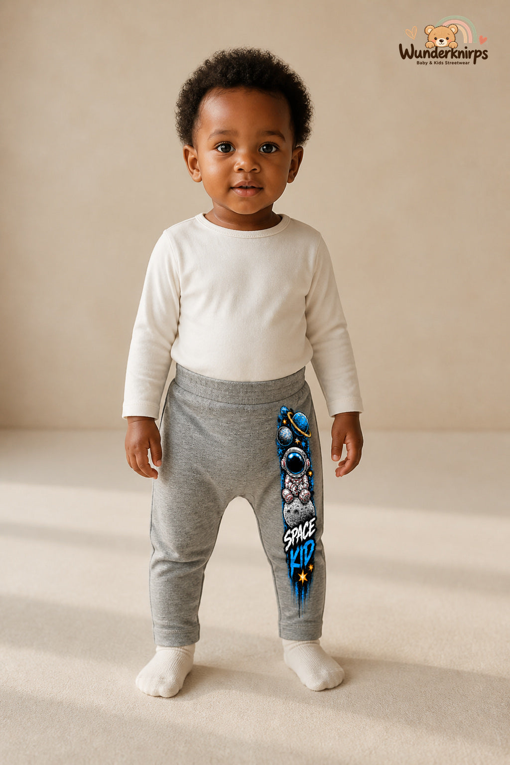 Astronaut Traumlook – Space kid – Babyhose für Mädchen: Grau meliert mit Astronaut-Druck am Hosenbein – Wunderknirps.