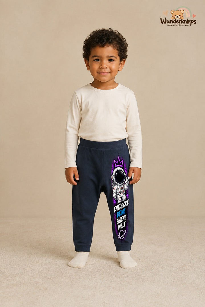 Entdecke deine eigene welt: Astronaut für kleine Entdecker – Babyhose für Jungen: Navy mit Astronaut-Druck am Hosenbein – Wunderknirps.