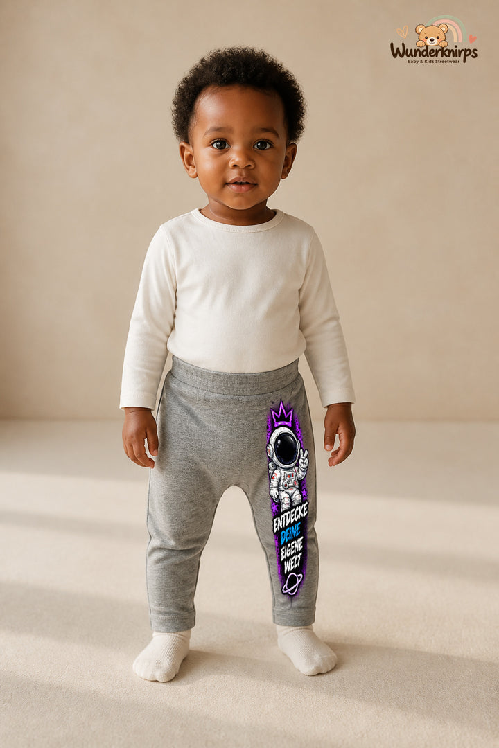 Entdecke deine eigene welt – Astronaut mit Persönlichkeit – Babyhose für Mädchen: Grau meliert mit Astronaut-Druck am Hosenbein – Wunderknirps.