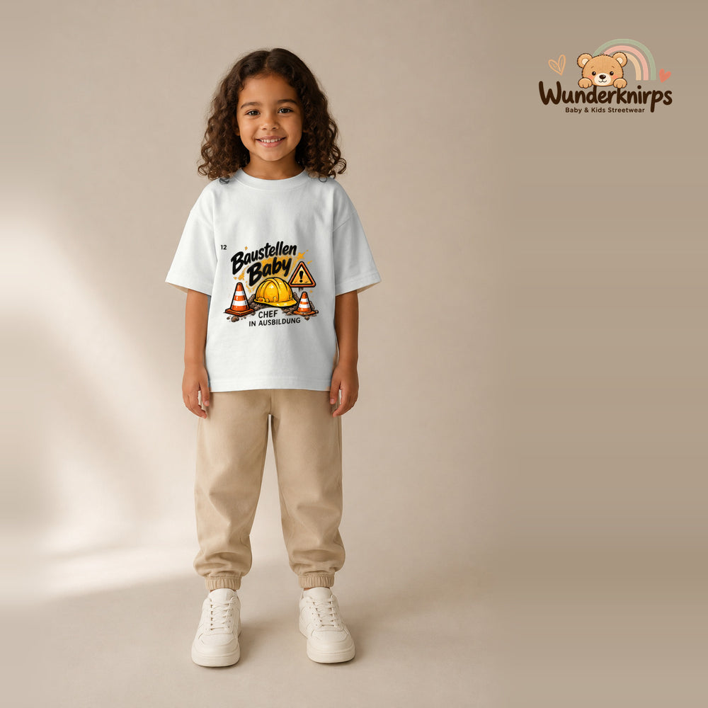 T-Shirt für Mädchen in Weiß mit Motiv „Baustellenbaby“, getragen von einem Kind – Wunderknirps.