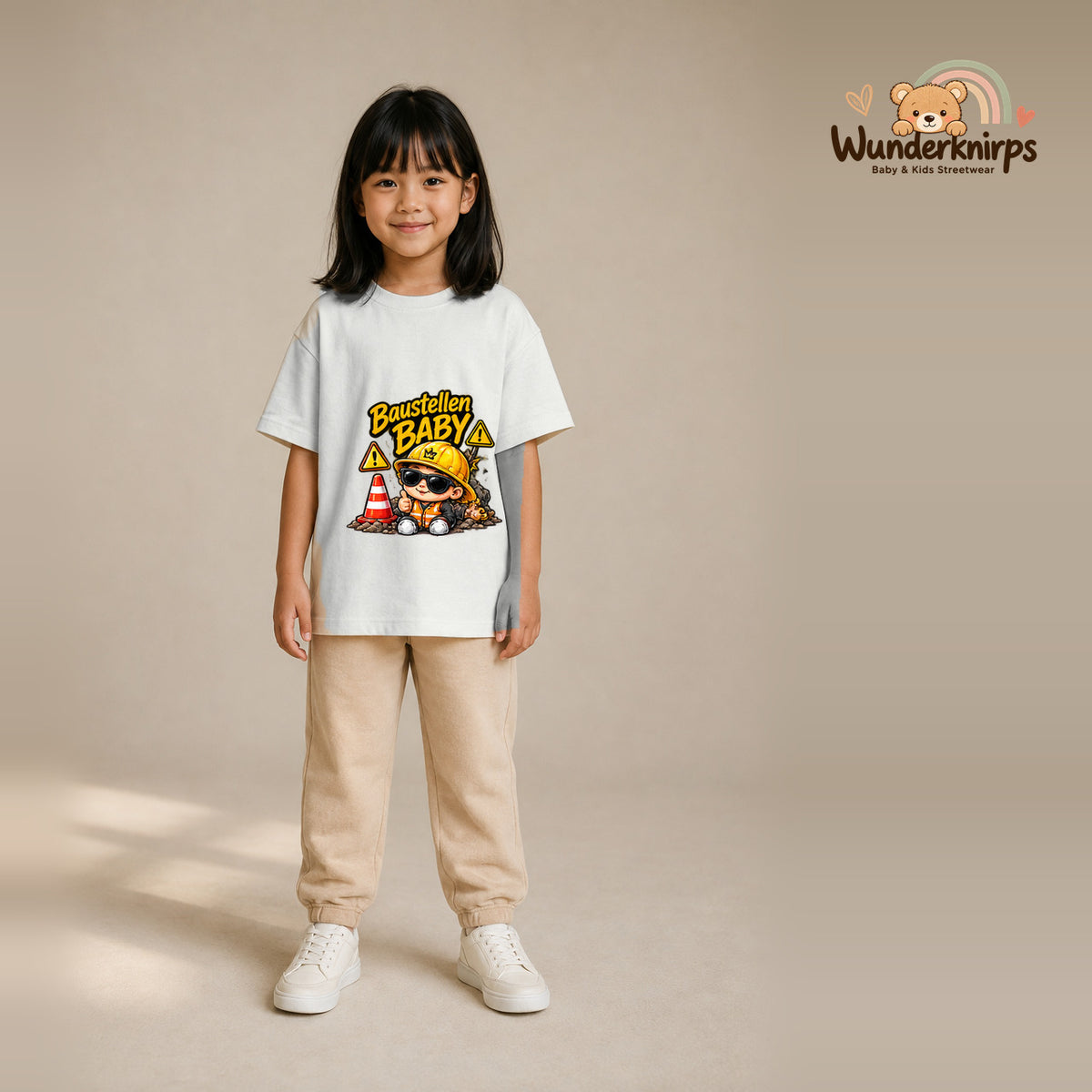 T-Shirt für Mädchen in Weiß mit Motiv „Baustellenbaby“, getragen von einem Kind – Wunderknirps.