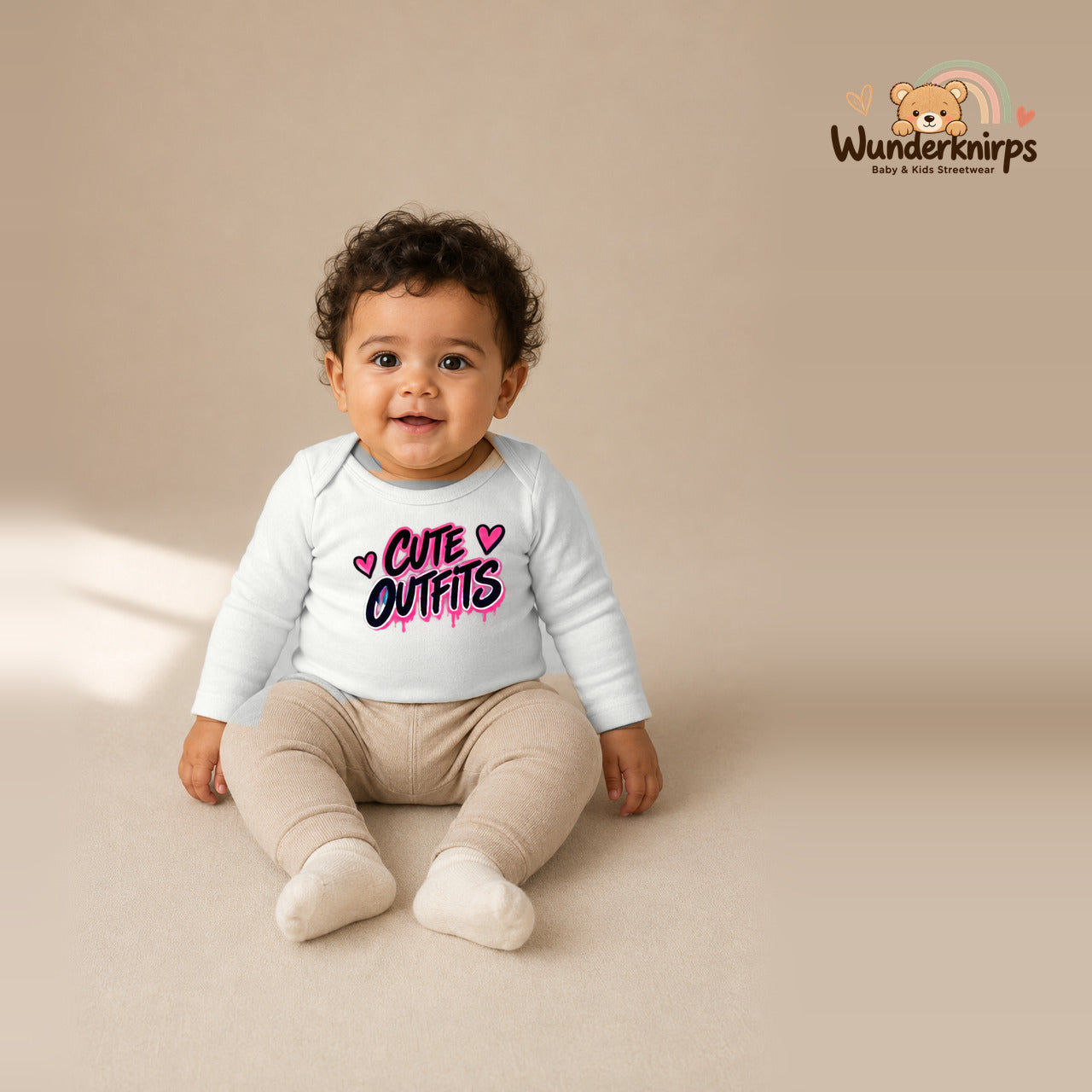 Babybody für Jungen in Weiß mit Motiv „Cute Outfits“, getragen von einem Kind – Wunderknirps.