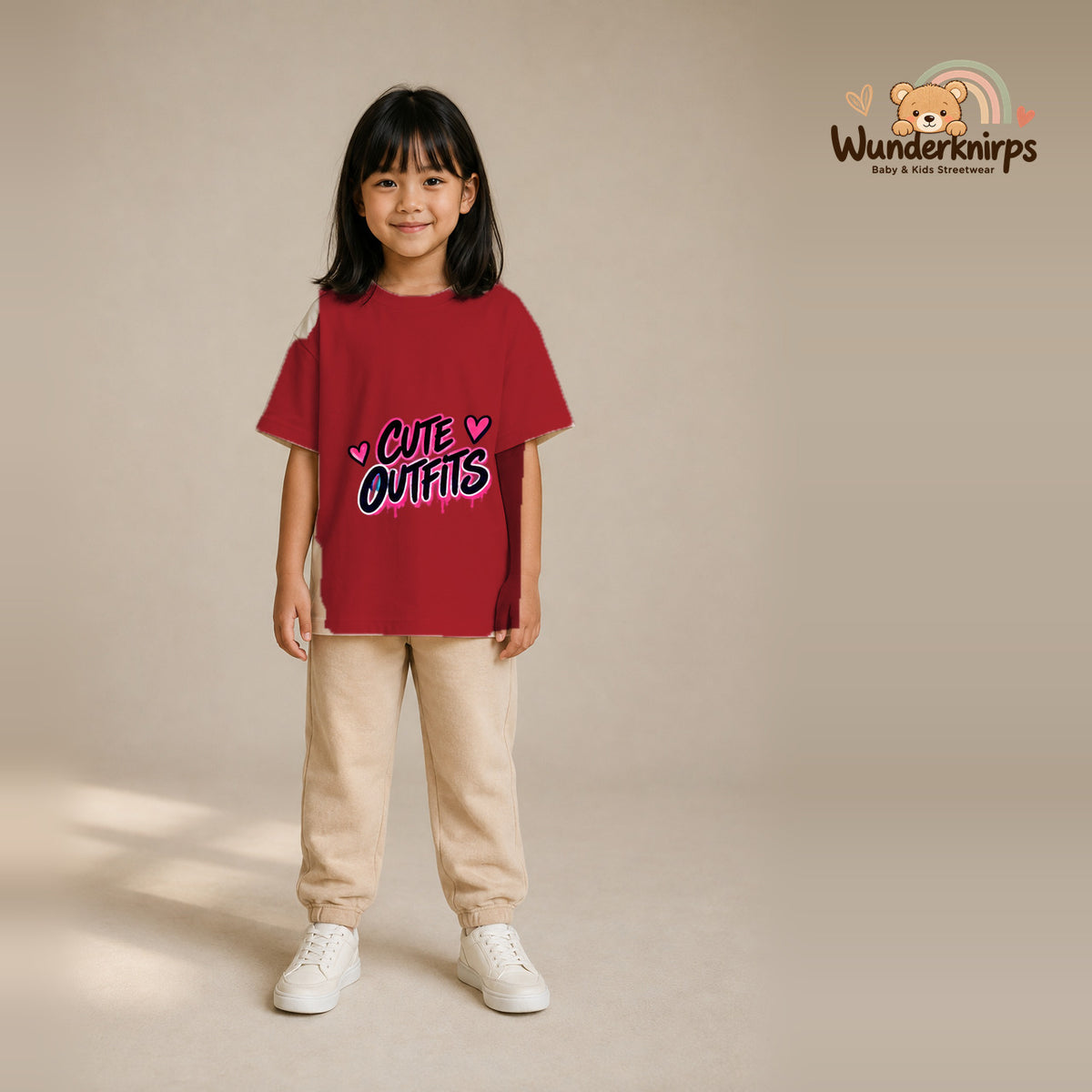 T-Shirt für Mädchen in Rot mit Motiv „Cute Outfits“, getragen von einem Kind – Wunderknirps.