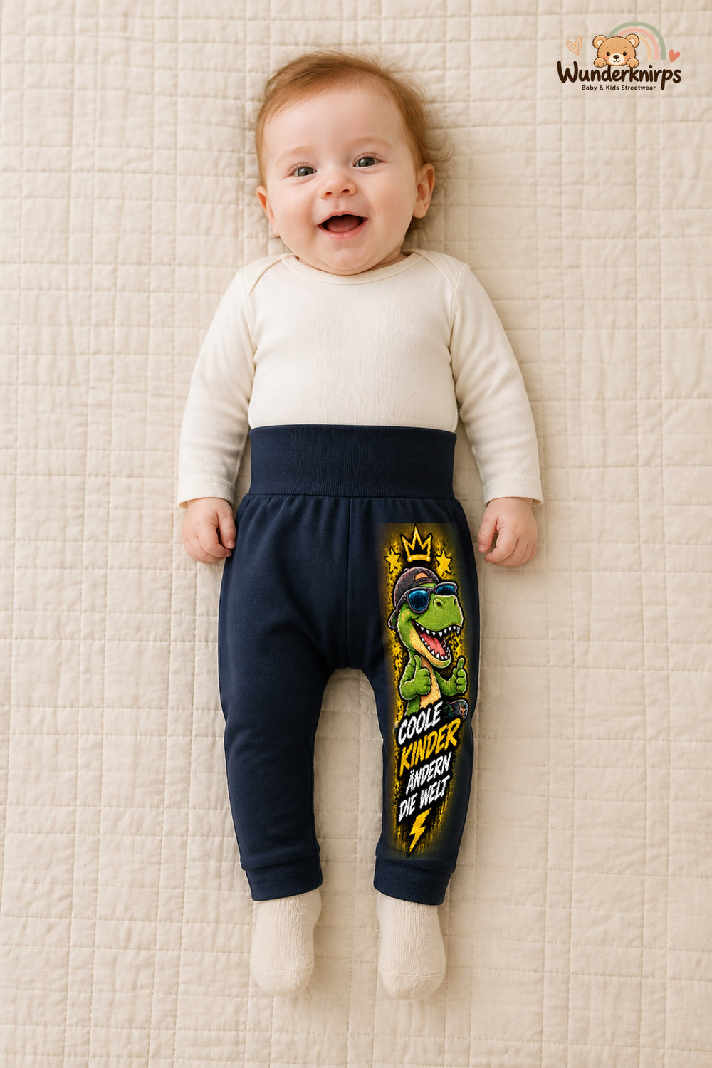 Kleine Weltentdeckerin: Coole kinder ändern die welt – Babyhose für Mädchen: Navy mit Dino-Druck am Hosenbein – Wunderknirps.