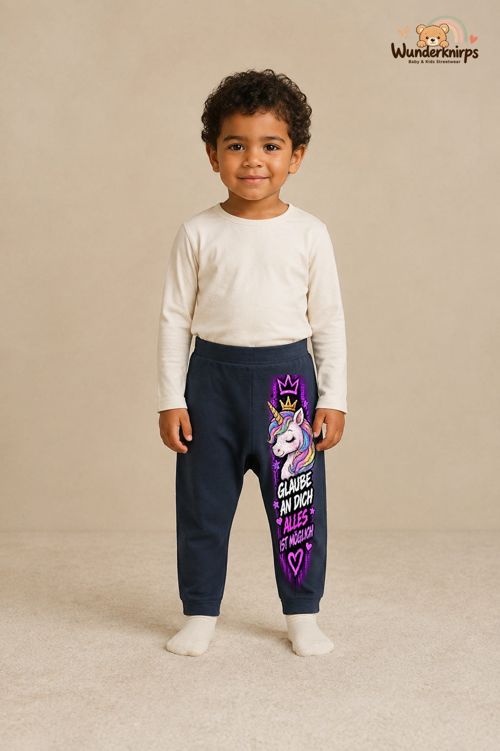 Glaube an dich alles ist möglich – Babyhose mit dem Motiv Einhorn – für Jungen: Navy mit Einhorn-Druck am Hosenbein – Wunderknirps.