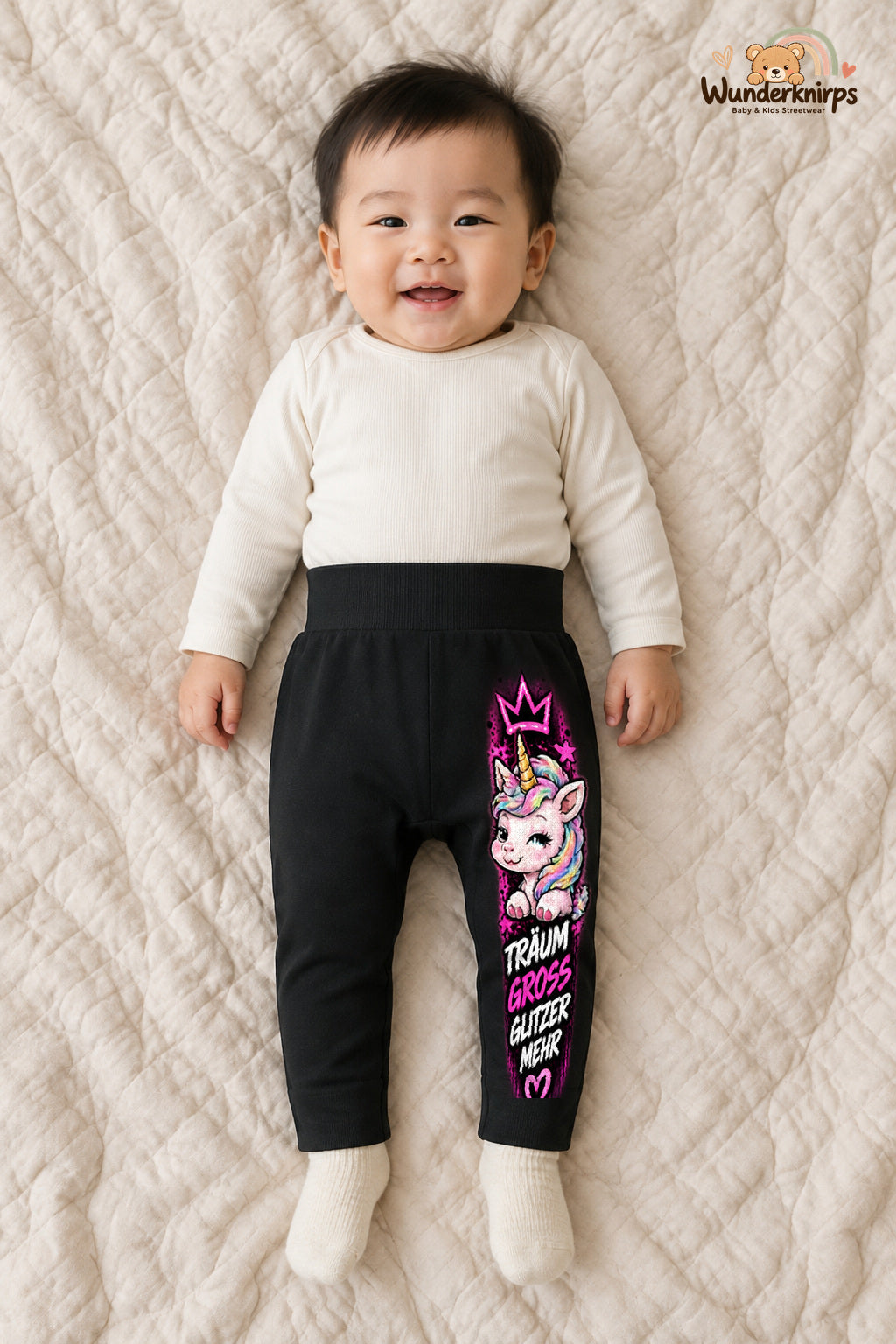 Einhorn Streetstyle – Träum groß glitzer mehr – Babyhose für Jungen: Schwarz mit Einhorn-Druck am Hosenbein – Wunderknirps.