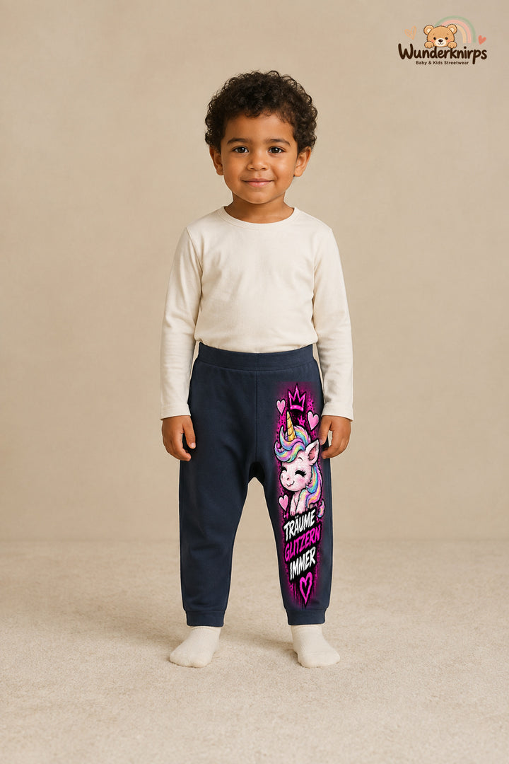 Einhorn Alltagsheld – Träume glitzern immer – Babyhose für Jungen: Navy mit Einhorn-Druck am Hosenbein – Wunderknirps.