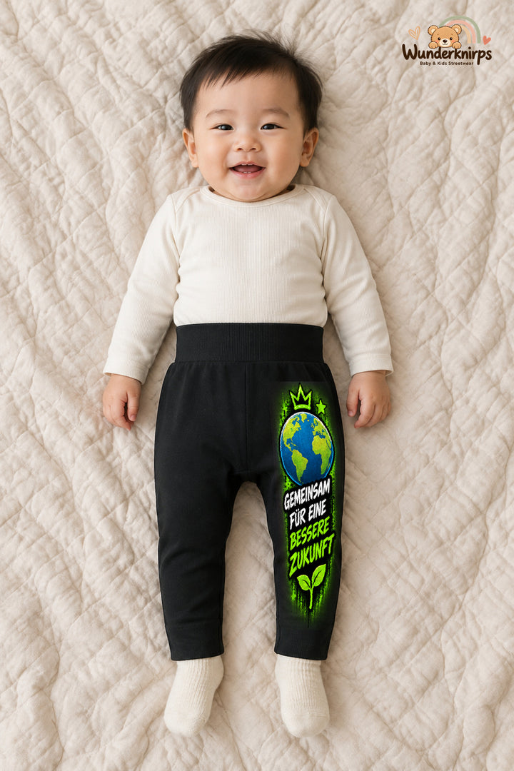 Gemeinsam für eine bessere zukunft: Weltkugel für kleine Entdecker – Babyhose für Jungen: Schwarz mit Weltkugel-Druck am Hosenbein – Wunderknirps.
