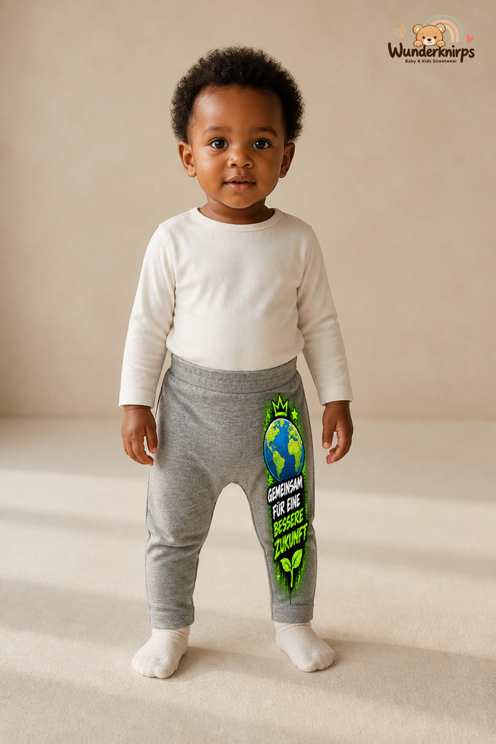 Gemeinsam für eine bessere zukunft – Weltkugel mit Persönlichkeit – Babyhose für Mädchen: Grau meliert mit Weltkugel-Druck am Hosenbein – Wunderknirps.