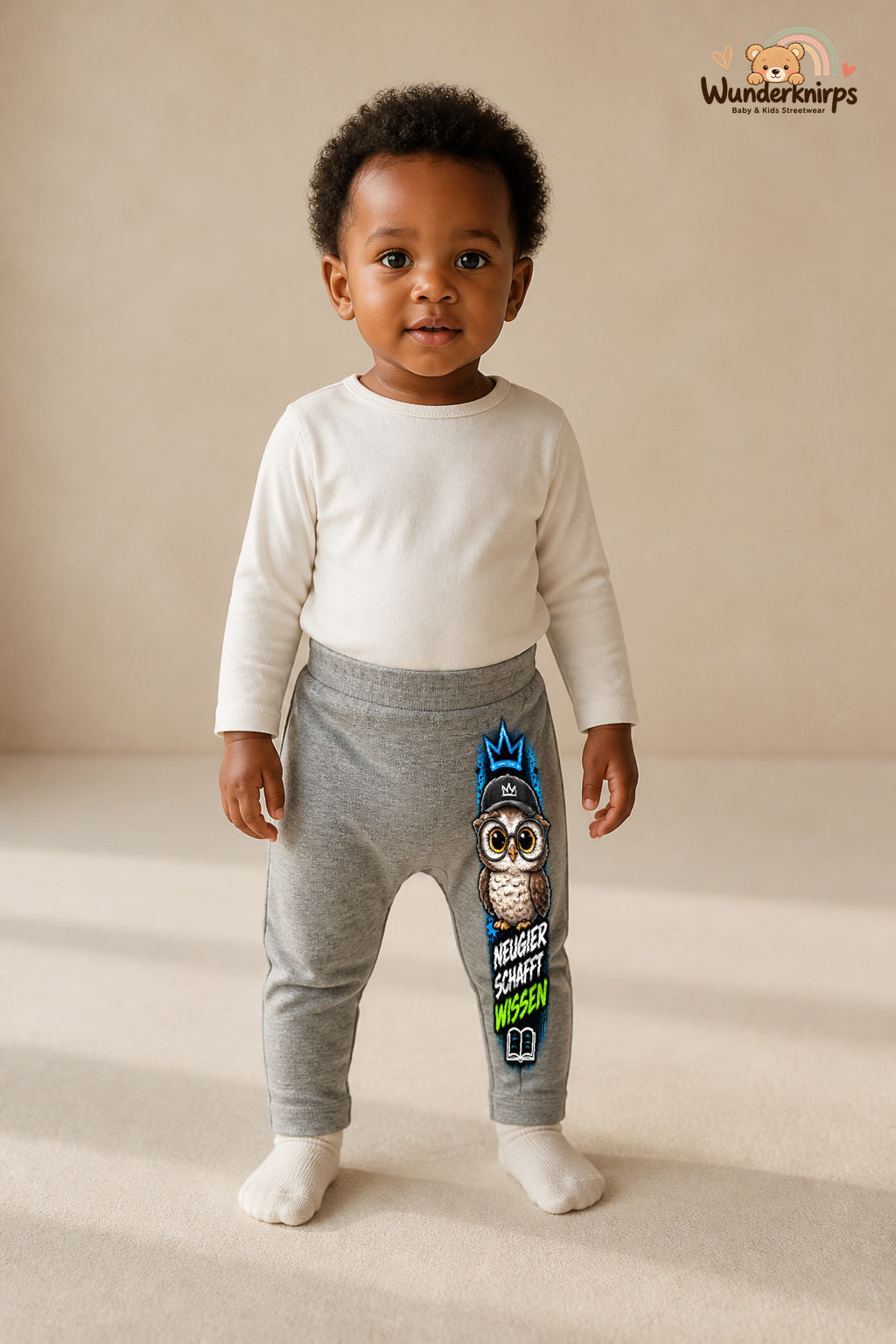 Eule Lieblingslook – Neugier schafft wissen – Babyhose für Mädchen: Grau meliert mit Eule-Druck am Hosenbein – Wunderknirps.
