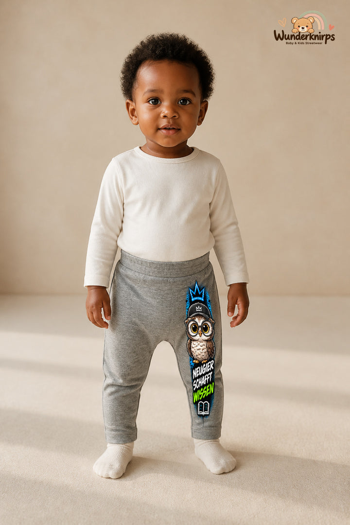 Eule Lieblingslook – Neugier schafft wissen – Babyhose für Mädchen: Grau meliert mit Eule-Druck am Hosenbein – Wunderknirps.