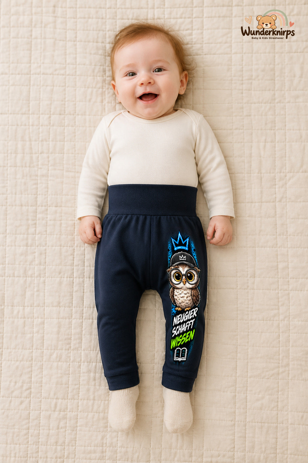 Eule Lieblingslook – Neugier schafft wissen – Babyhose für Mädchen: Navy mit Eule-Druck am Hosenbein – Wunderknirps.