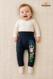 Eule Lieblingslook – Neugier schafft wissen – Babyhose für Mädchen: Navy mit Eule-Druck am Hosenbein – Wunderknirps.