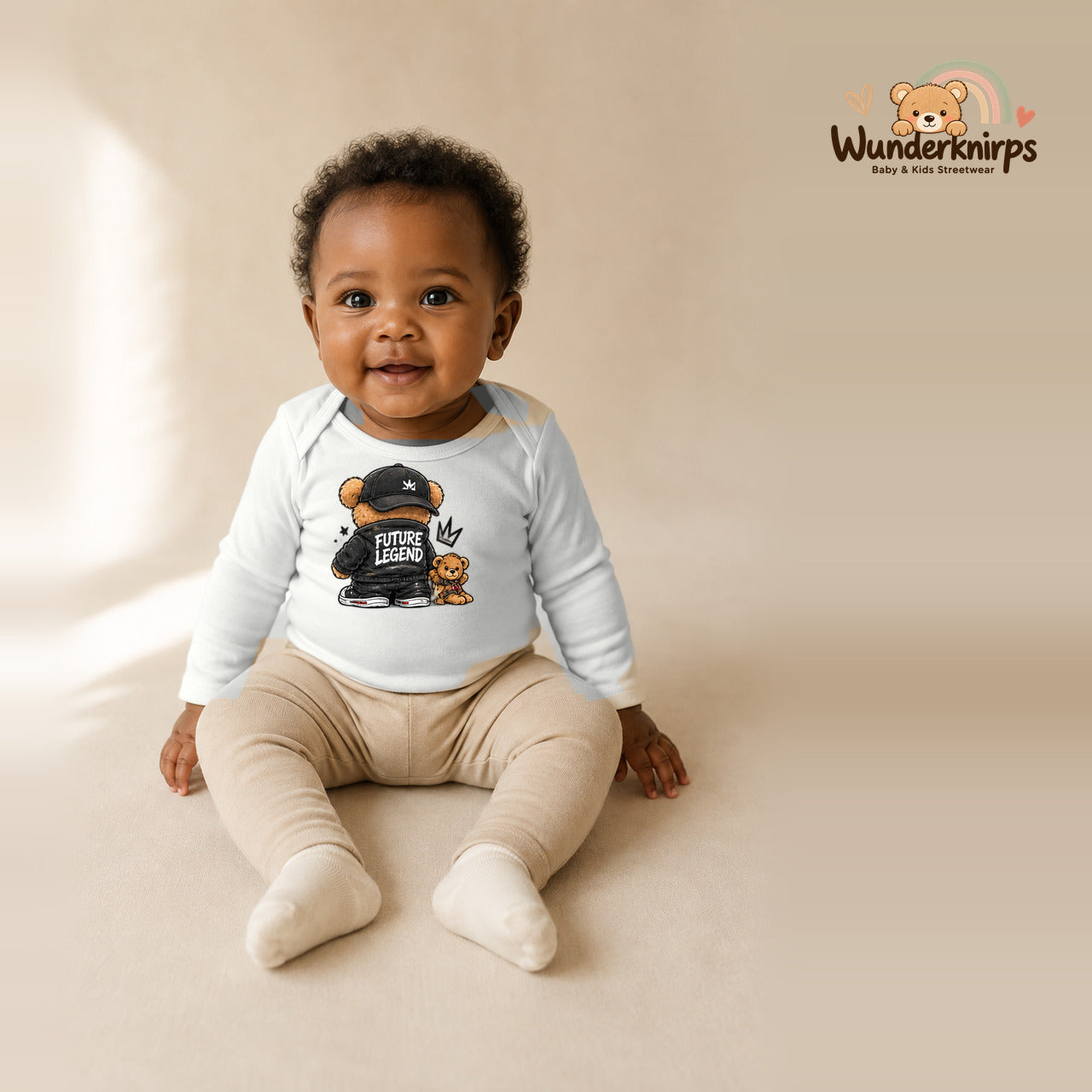 Babybody für Mädchen in Weiß mit Motiv „Future Legend“, getragen von einem Kind – Wunderknirps.