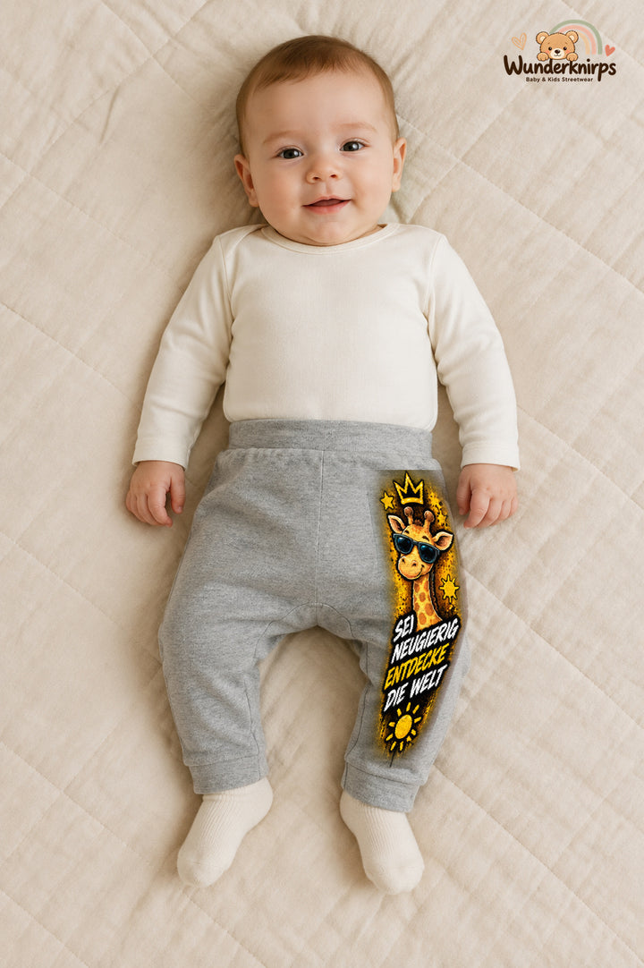 Sei neugierig entdecke die welt – Babyhose mit dem Motiv Giraffe – für Jungen: Grau meliert mit Giraffe-Druck am Hosenbein – Wunderknirps.